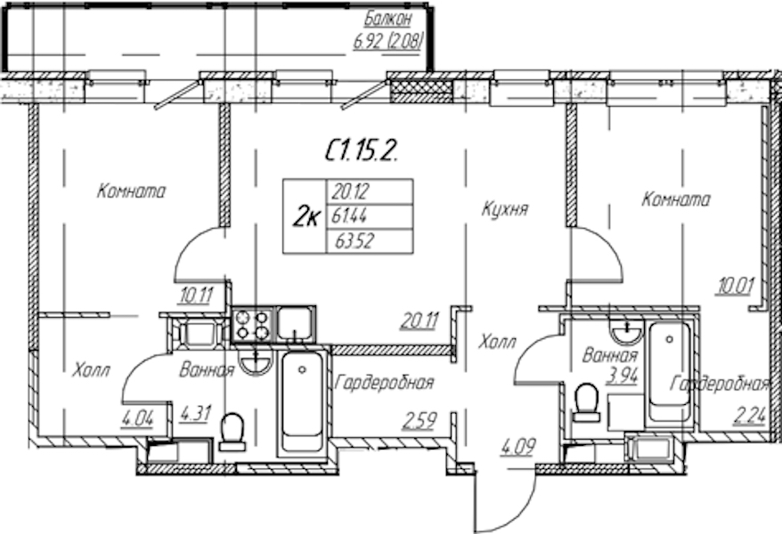 2-комнатная квартира 63.52 м², 15/22 эт., ЖК «Парк-квартал Юнтолово»